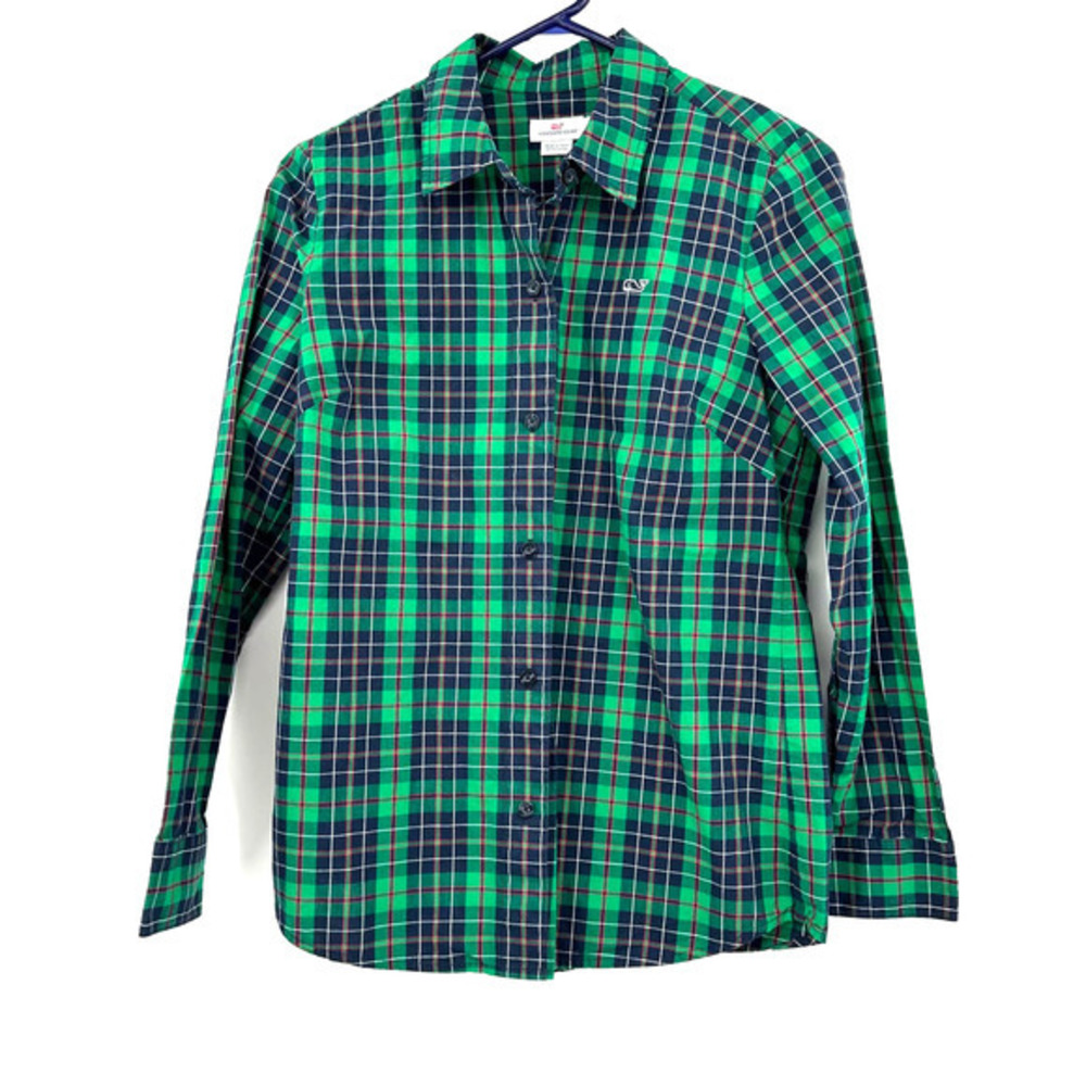 Vineyard Vines size 4 100% cotton green blue plaid button up long sleeve top